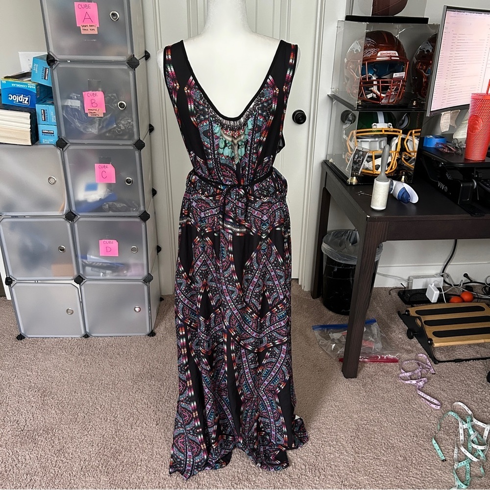 City Chic Geometric Black Blue Biba Drawstrring Maxi Dress Size L/20 - Picture 2 of 11